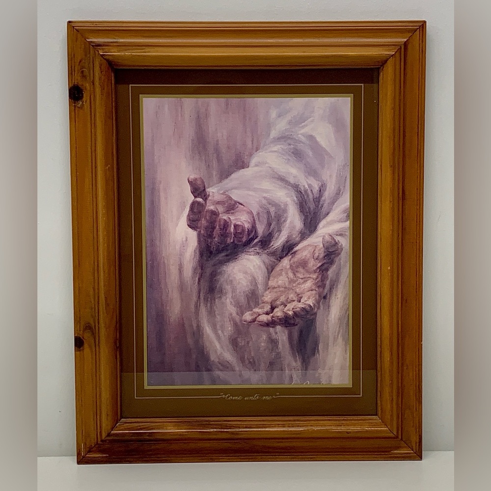 Vintage Wooden Framed “Come Unto Me” Jesus Hands of God Print